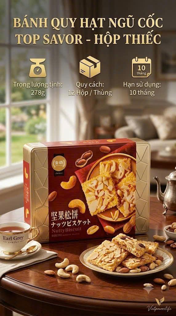 Bánh quy hạt ngũ cốc TOP SAVOR hộp thiếc 278G