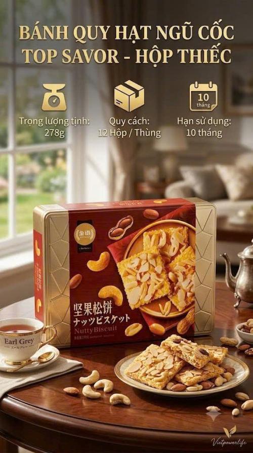 Bánh quy hạt ngũ cốc TOP SAVOR hộp thiếc 278G