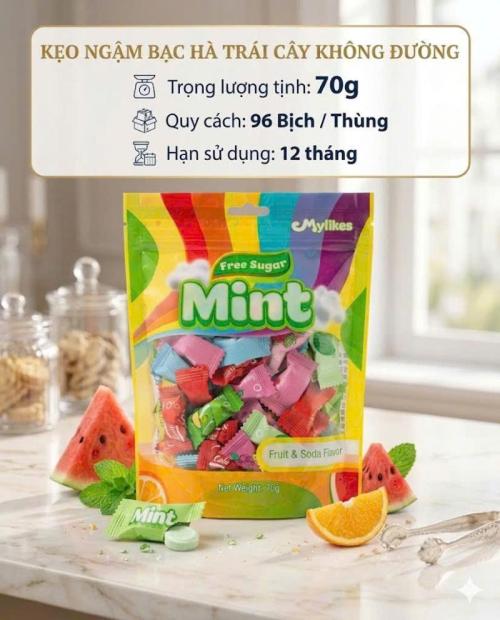 Kẹo ngậm bạc hà trái cây không đường 70g